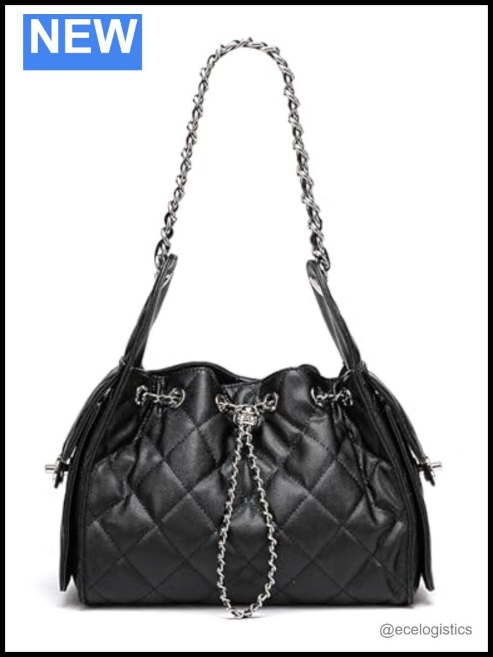Genuine Leather Quilted Hobo Bag with Chain Strap Drawstring Shoulder Purse